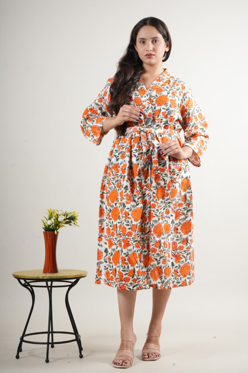 Premium Cotton Handblock Printed Robe Dress for Women