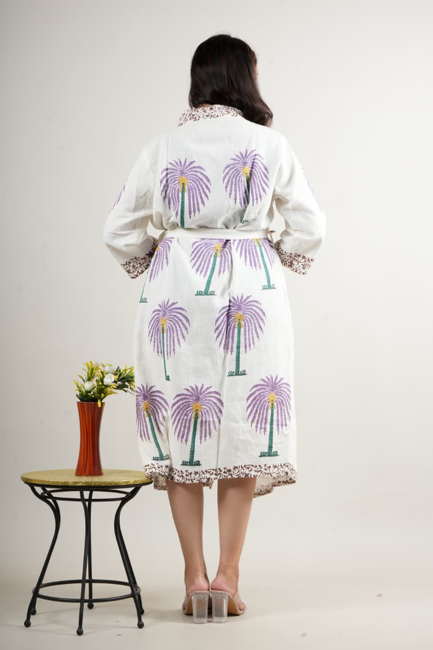 Stylish White Cotton Handblock Printed Long Robe with Belt – Casual & Loungewear Shrug for Women