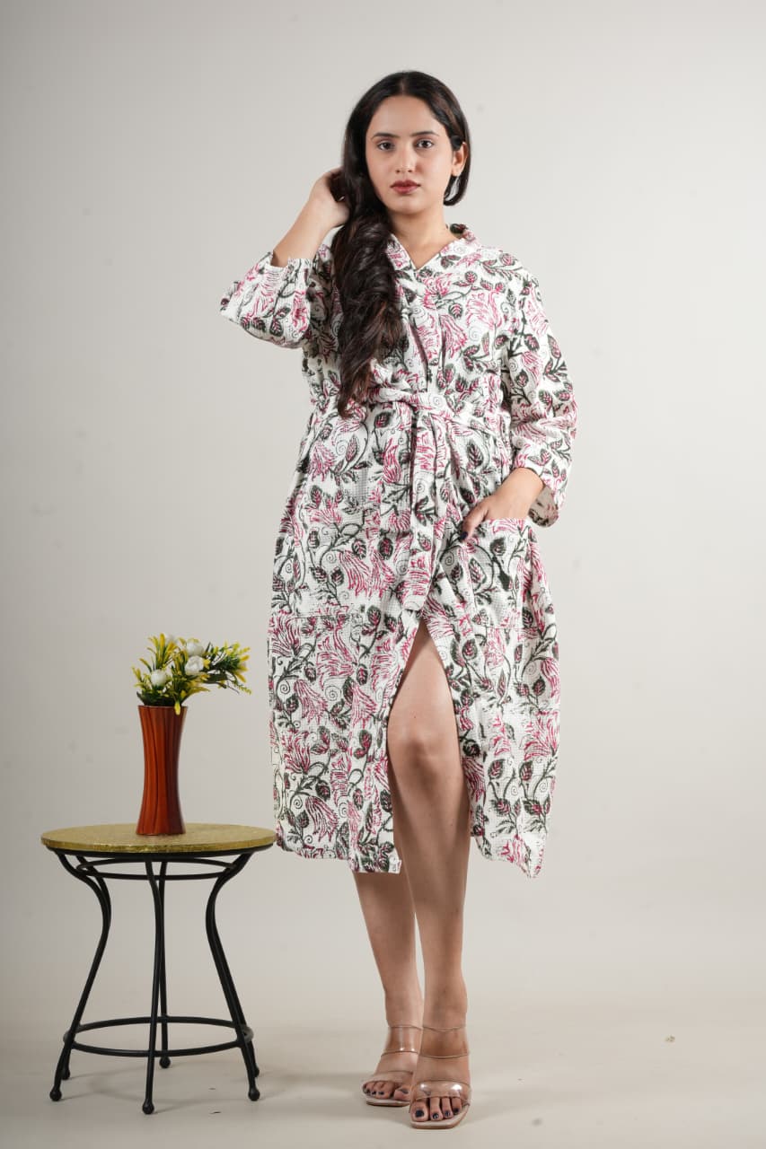 Elegant White Cotton Handblock Printed Long Robe with Floral Design & Waist Belt for Women