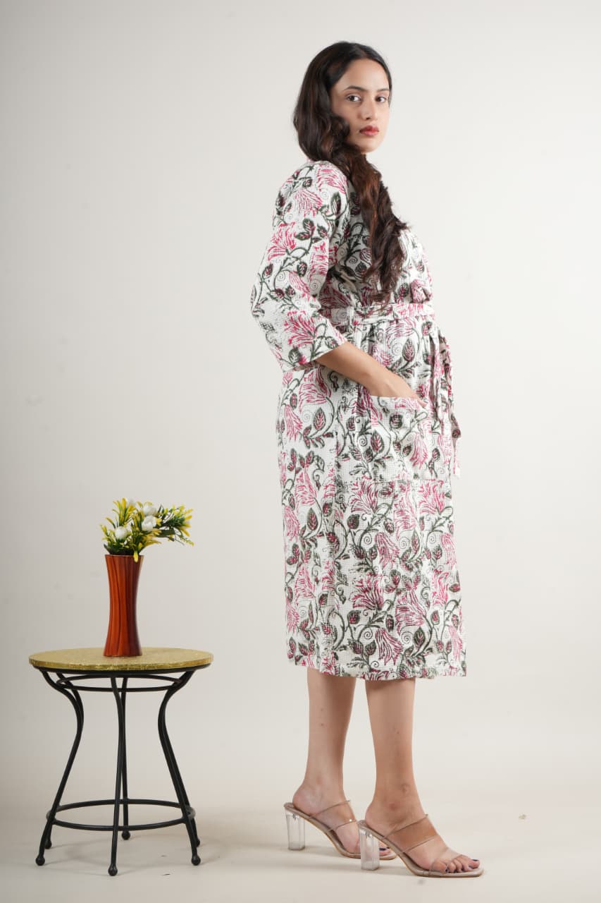 Elegant White Cotton Handblock Printed Long Robe with Floral Design & Waist Belt for Women