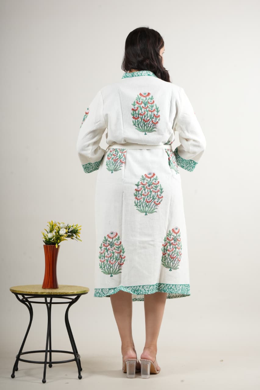 Elegant White Cotton Handblock Robe with Green & Red Floral Print