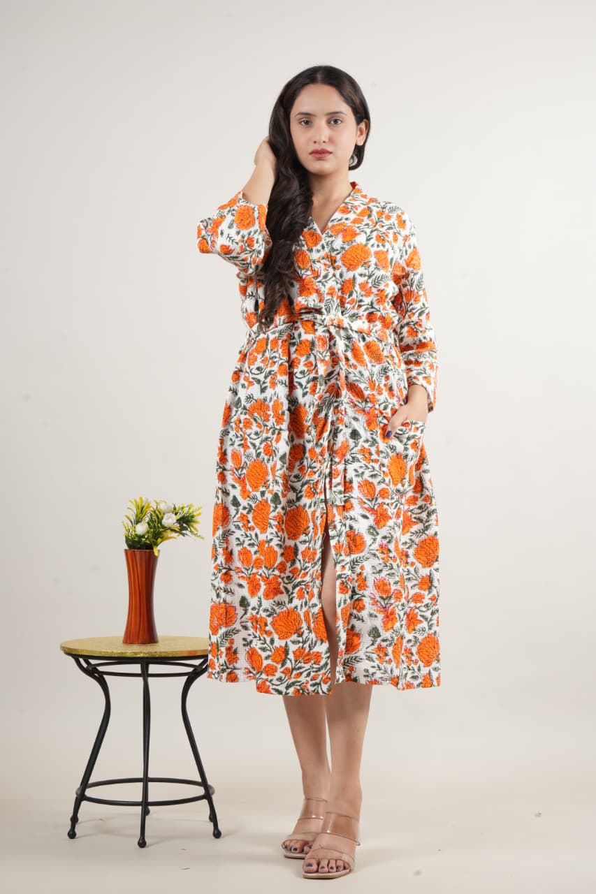 Premium Cotton Handblock Printed Robe Dress for Women