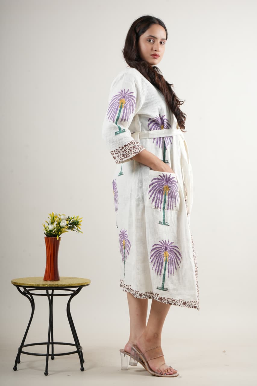 Stylish White Cotton Handblock Printed Long Robe with Belt – Casual & Loungewear Shrug for Women