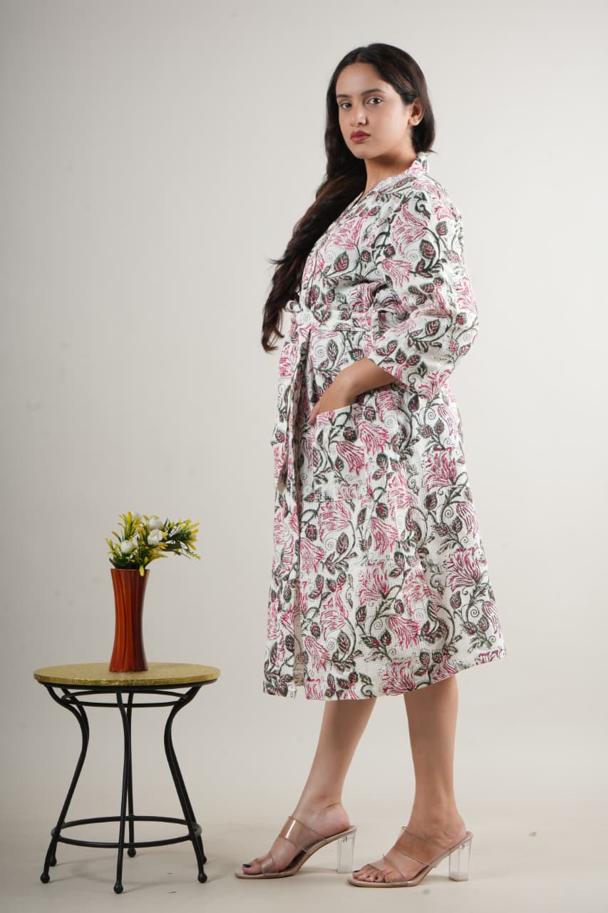 Elegant White Cotton Handblock Printed Long Robe with Floral Design & Waist Belt for Women