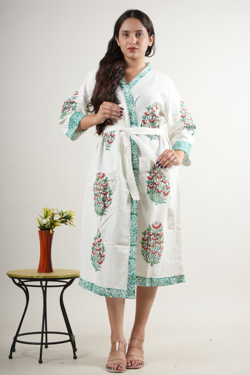 Elegant White Cotton Handblock Robe with Green & Red Floral Print