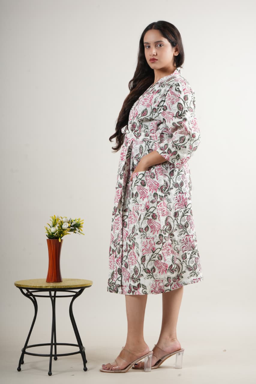 Elegant White Cotton Handblock Printed Long Robe with Floral Design & Waist Belt for Women