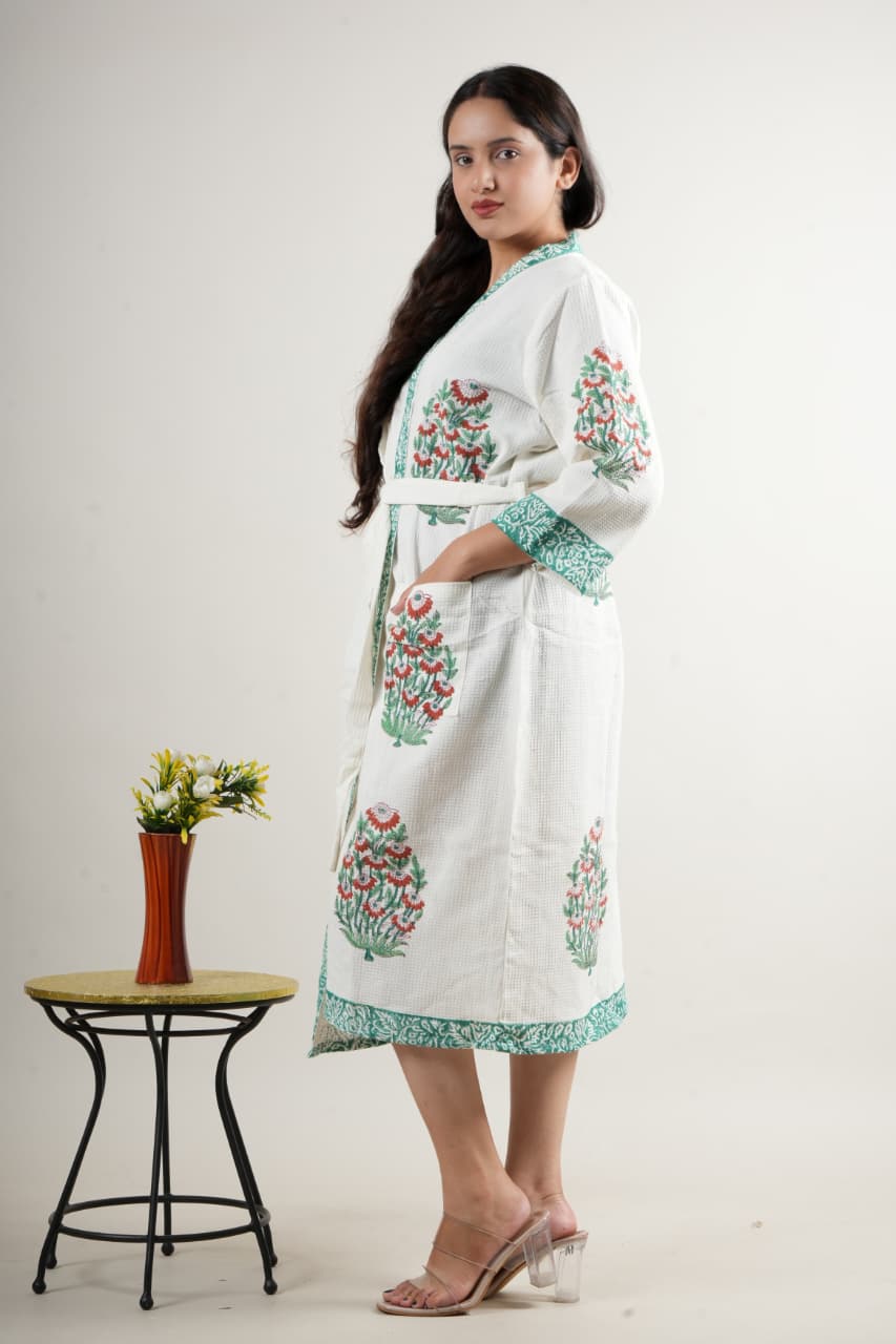Elegant White Cotton Handblock Robe with Green & Red Floral Print